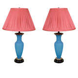 Pair of French Napoleon III Frosted Blue Opaline Glass Lamps