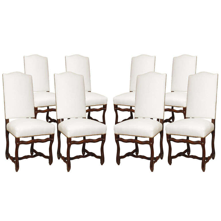 8 Louis XIII Os du Mouton Walnut Dining Chairs in Belgian Linen
