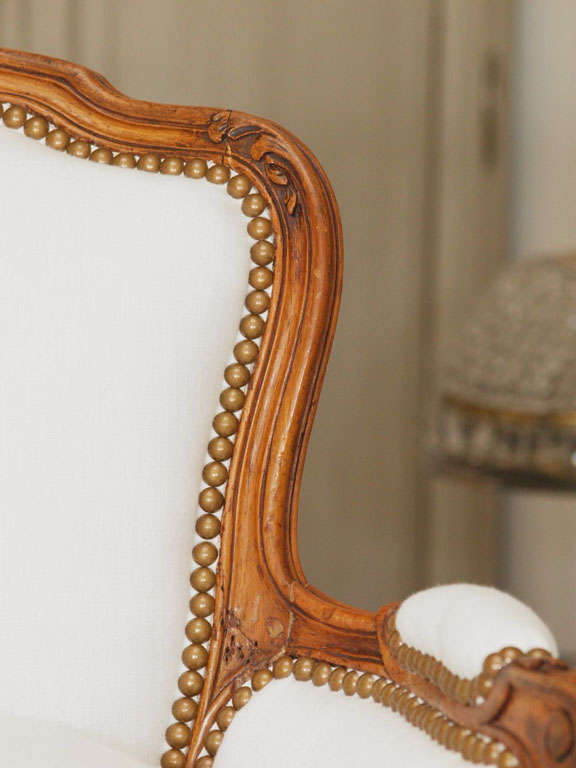 Pair 19th c. Walnut Petite Louis XV Bergeres in Belgian Linen 1