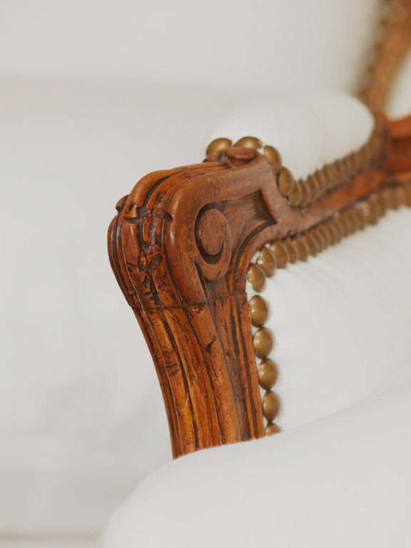 Pair 19th c. Walnut Petite Louis XV Bergeres in Belgian Linen 2