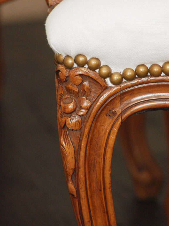 Pair 19th c. Walnut Petite Louis XV Bergeres in Belgian Linen 4