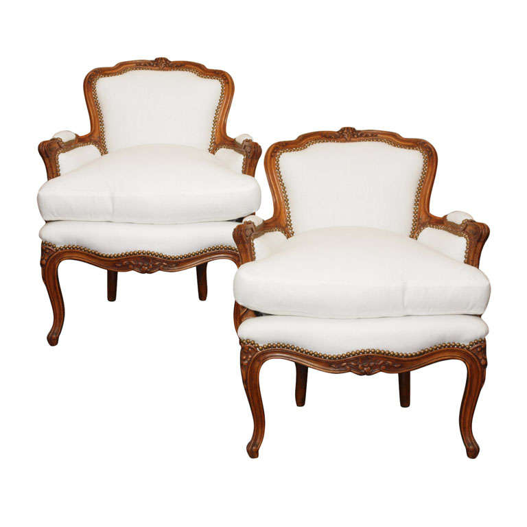 Pair 19th c. Walnut Petite Louis XV Bergeres in Belgian Linen