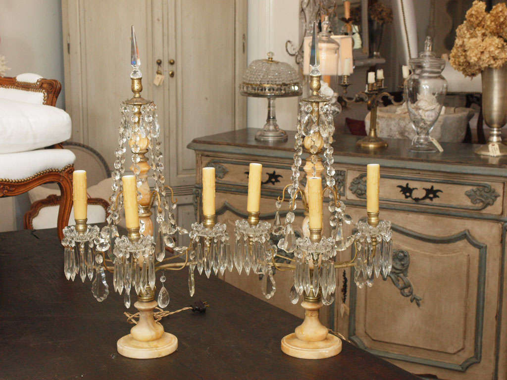 Pair of 19th c. Crystal and Italian Alabaster Girandoles