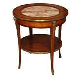 Antique French inlaid walnut gueridon table with marble inset