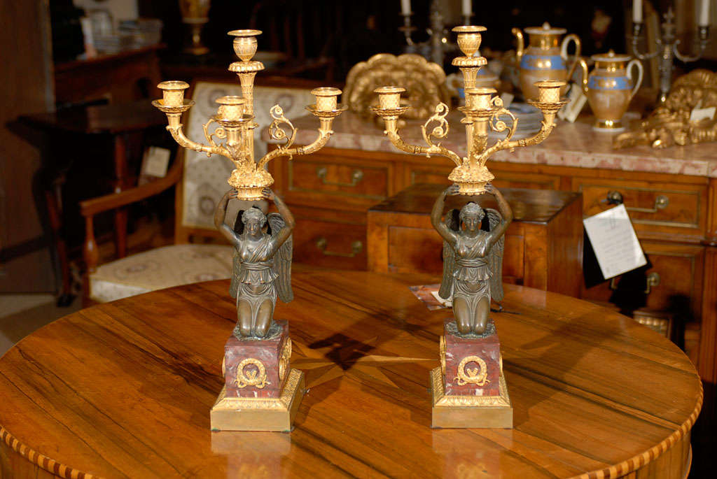 Pair of Fine Empire Patinated & Gilt Bronze Candelabras For Sale 3