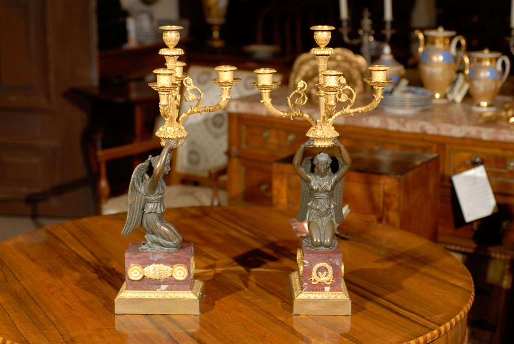 Pair of Fine Empire Patinated & Gilt Bronze Candelabras For Sale 4
