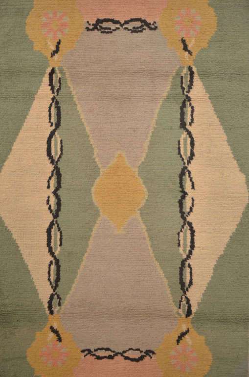 Hand-Knotted French Art Deco Wool Rug 1930's
