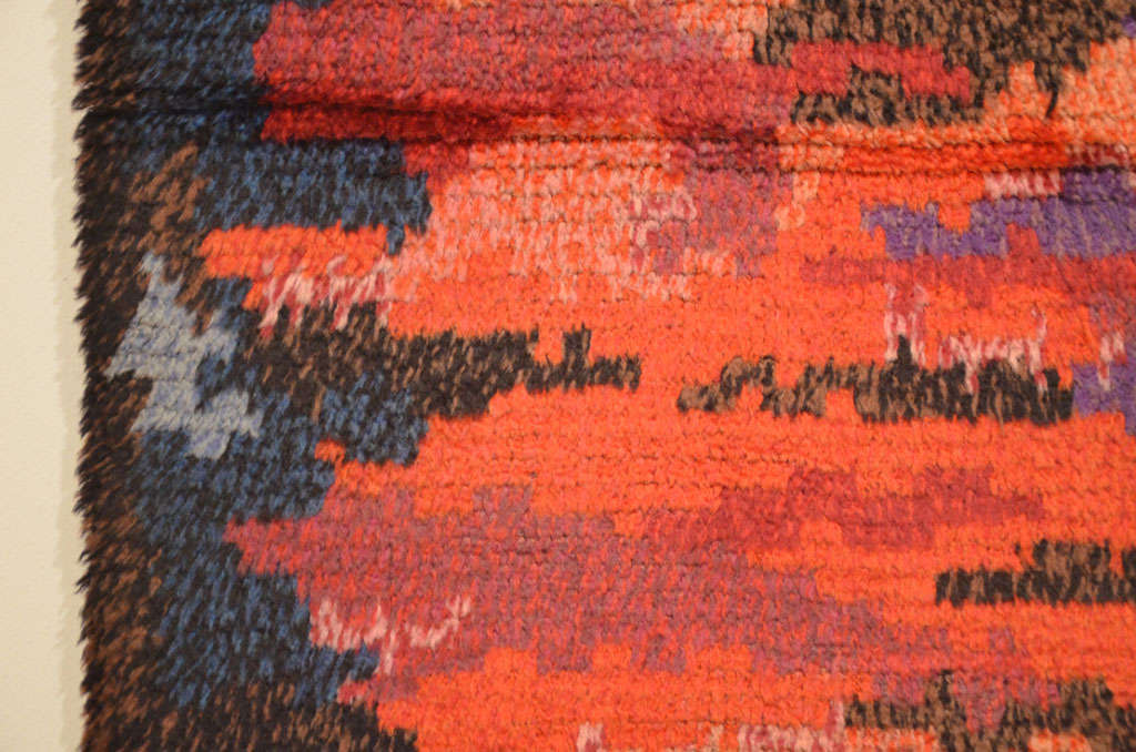 Hand-Knotted Mid Century Modern Scandinavian Rya Abstract Design Wool Rug 