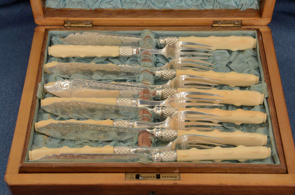 English 12 Faux Bois Carved  Ivory Handle Fish Knifes & Forks