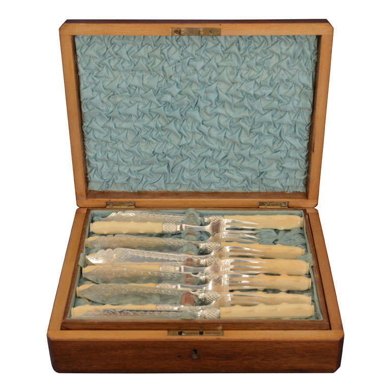 12 Faux Bois Carved  Ivory Handle Fish Knifes & Forks