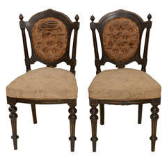 Pair English Victorian Gilt Decorated Ebonized Side Chairs