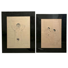 Two Pen & Ink Drawings of Male Nudes-