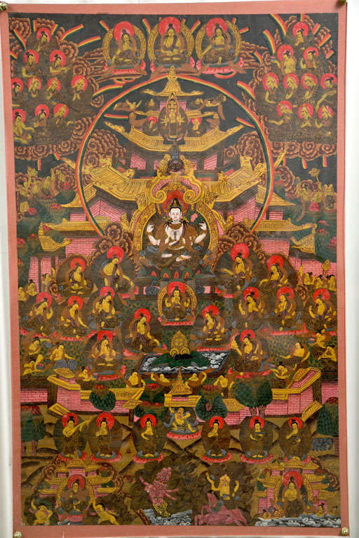 Painting on canvas from natural hand ground mineral pigments with
details in pure gold. Painted by Tibetan Monks who were forced to flee Tibet and take up residence in Northern India. A Thangka is more than a work of irt; it is an object of