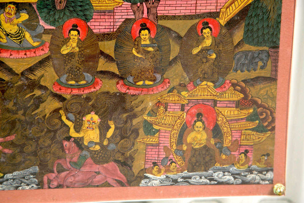 Indian Framed Tibetan Thangka - Himalayan Buddhist Painting For Sale