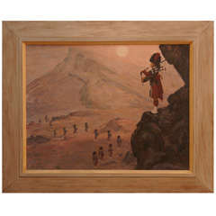 Vintage A Painting of Scottish Bagpipers on a Cliffside