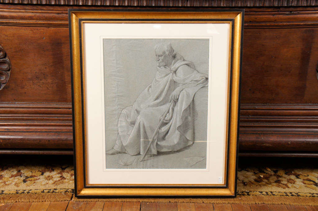 This beautiful and sensitive drawing is done on hand made blue paper and is highlighted with white chalk. The work done as a study for a large allegorical painting is typical of the works from the time using neoclassical elements to tell a current