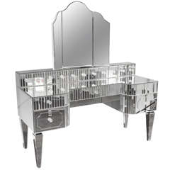 Custom Mirrored Vanity with Tryptic Mirror and Baguette Detailing 8