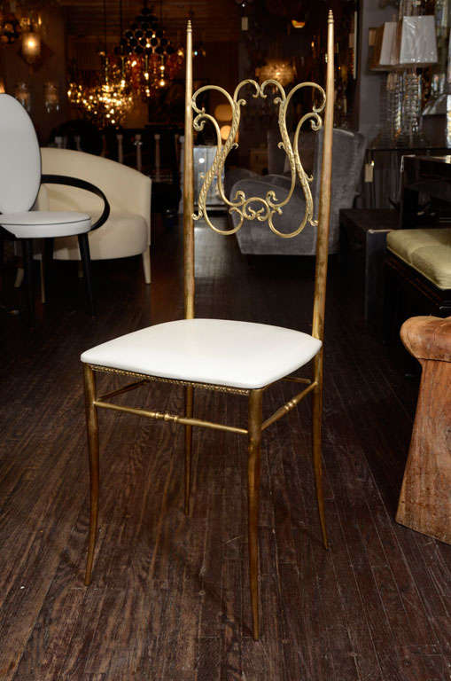 American Pair of 1940's Brass Chairs with Cream Faux Shagreen Seats