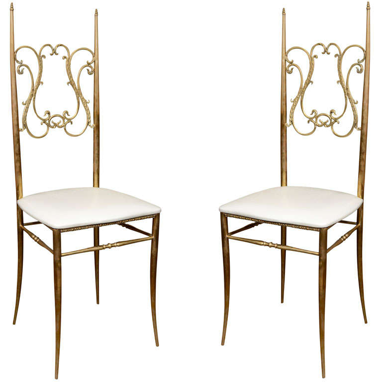 Pair of 1940's Brass Chairs with Cream Faux Shagreen Seats