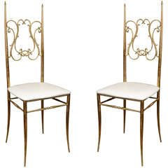 Pair of 1940's Brass Chairs with Cream Faux Shagreen Seats