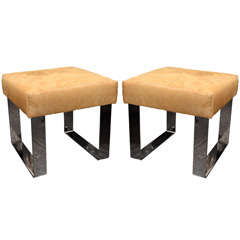 Pair of Custom Cowhide Stools with Metal Bases