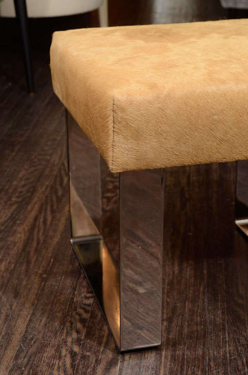 Pair of Custom Cowhide Stools with Metal Bases In Excellent Condition In New York, NY