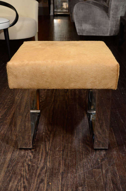 Contemporary Pair of Custom Cowhide Stools with Metal Bases