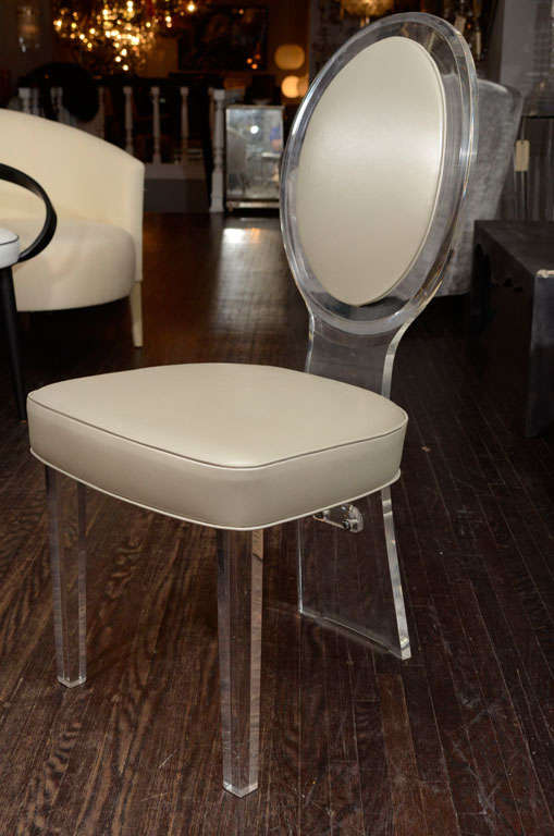 Set of 3 1970's  Balloon Back Lucite Chairs reupholstered in Silver Leather