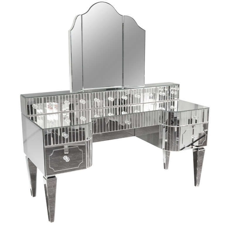 Custom Mirrored Vanity with Tryptic Mirror and Baguette Detailing For