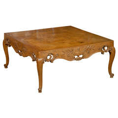 Vintage Square French Style Coffee Table with Parquetry Top & Pierced Apron 