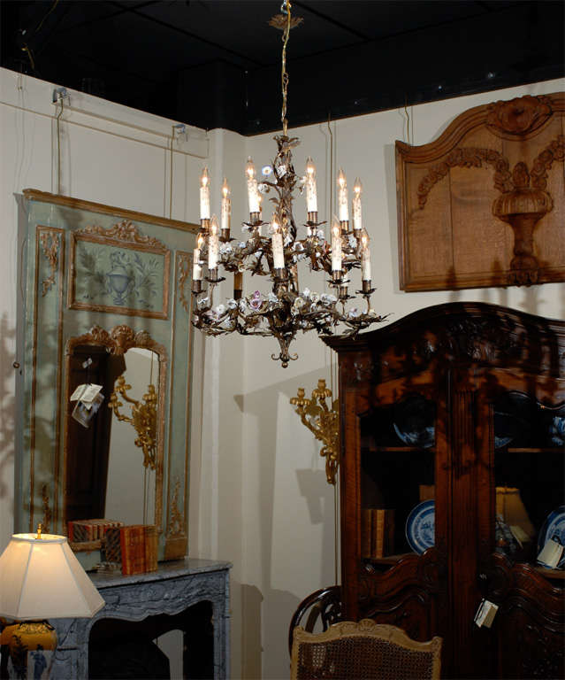 Gilt Tole French Chandelier with Porcelain Flowers & 16 Lights