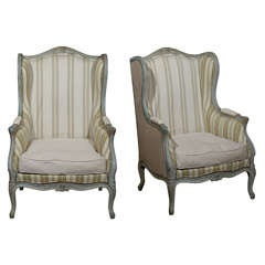 Pair of French Louis XV Style Painted Wing Chairs