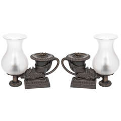A Pair of Regency Bronze Colza-Oil Rhyton Lamps