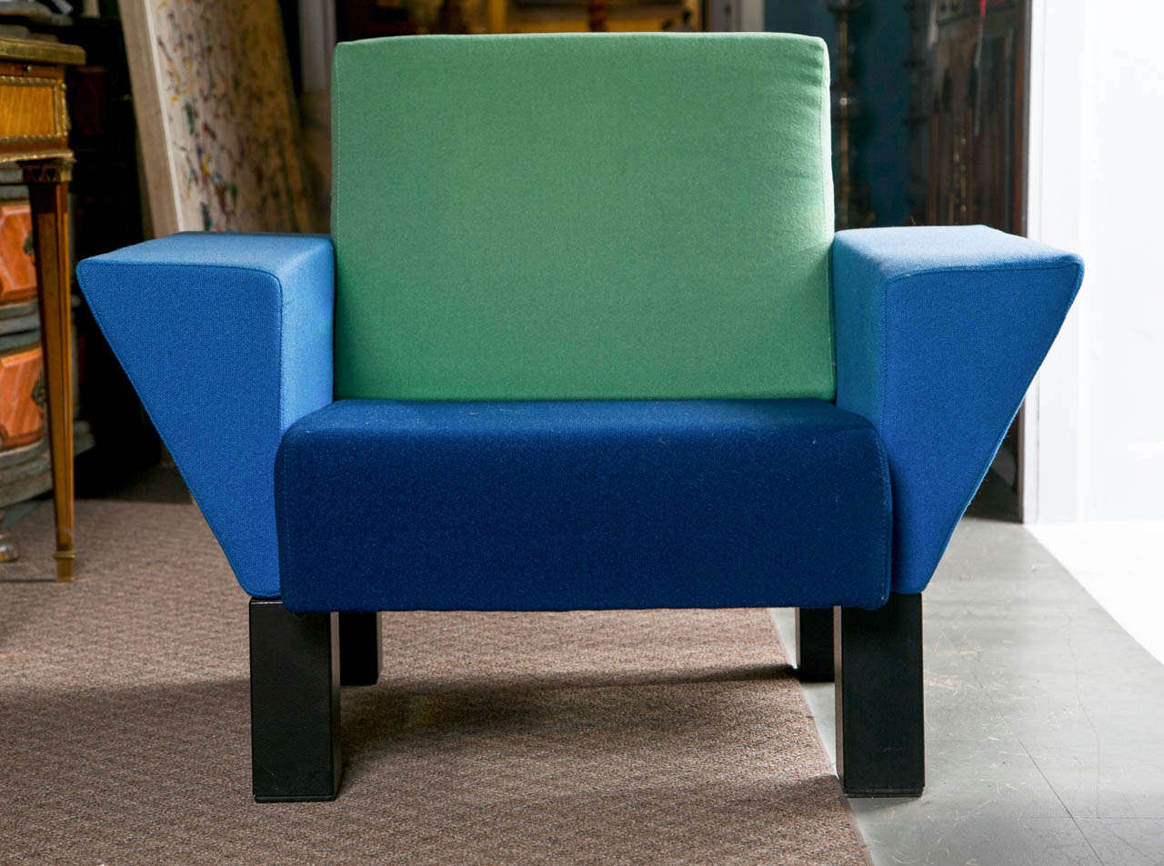 Pair of Westside Memphis chairs by Ettore Sotsass. Made by Knoll Internationall 1982/83. Fabric reminiscent Dutch De Stijl movements.