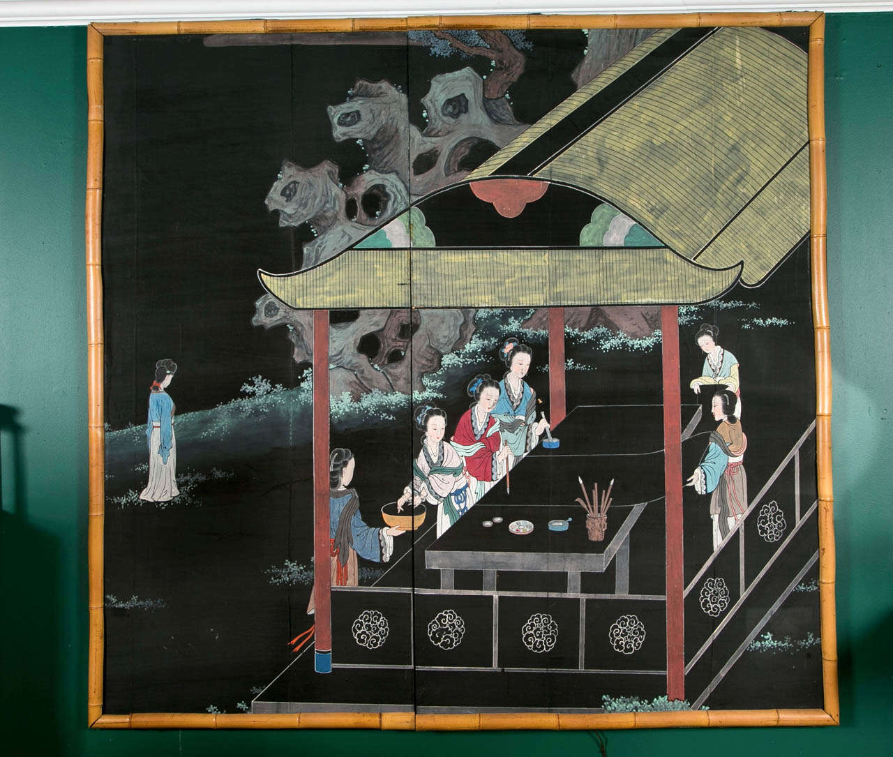 Large Chinese silk panel painting on wood with bamboo frame corca 1970's. This 