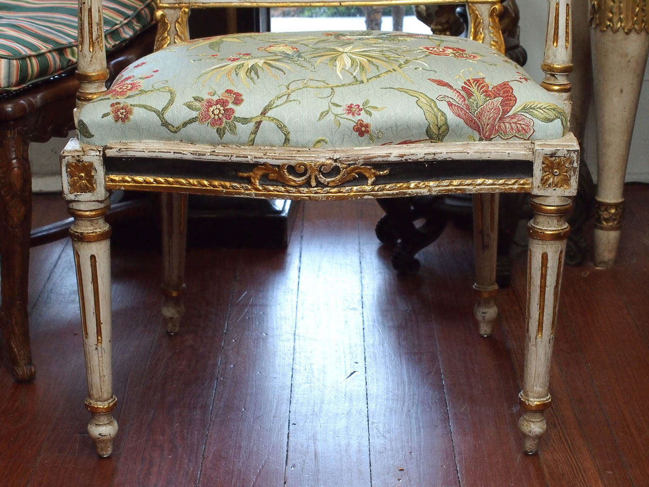 Giltwood Pair of Italian Painted and Parcel Gilt Louis XVI Armchairs