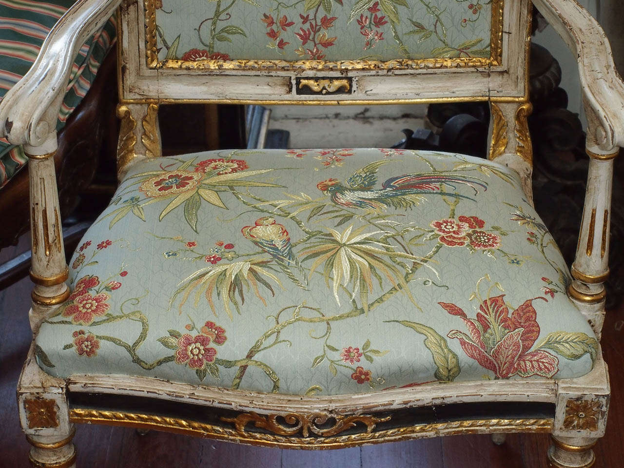 Pair of Italian Painted and Parcel Gilt Louis XVI Armchairs 1