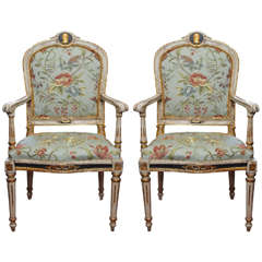 Pair of Italian Painted and Parcel Gilt Louis XVI Armchairs