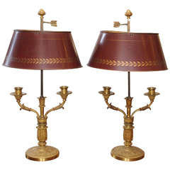 Pair of Bronze Engine Turned Bouillotte Lamps with Tole Shades