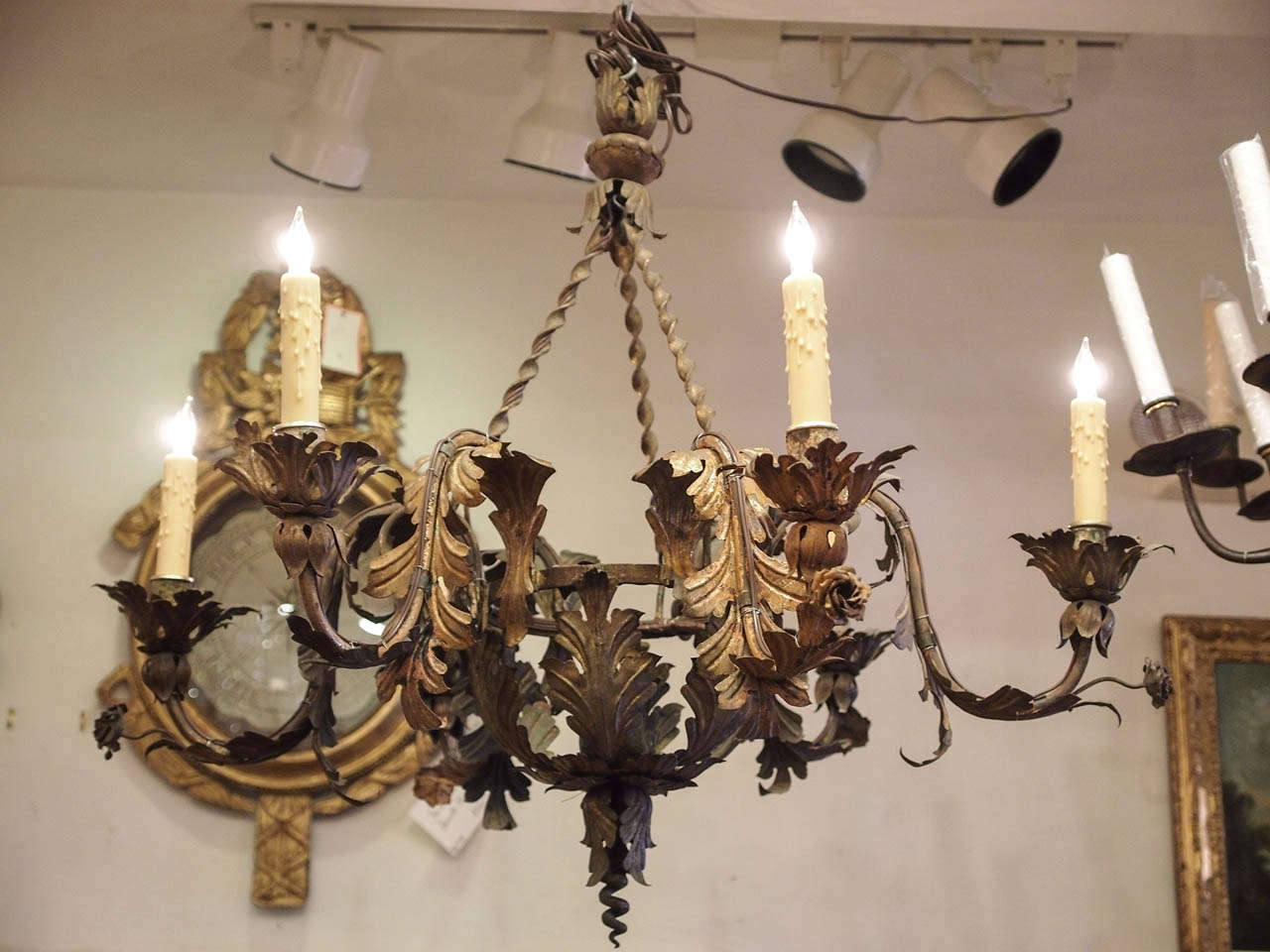 19th century Italian gilt iron light fixture with acanthus leaves motif and 6 candle arms.