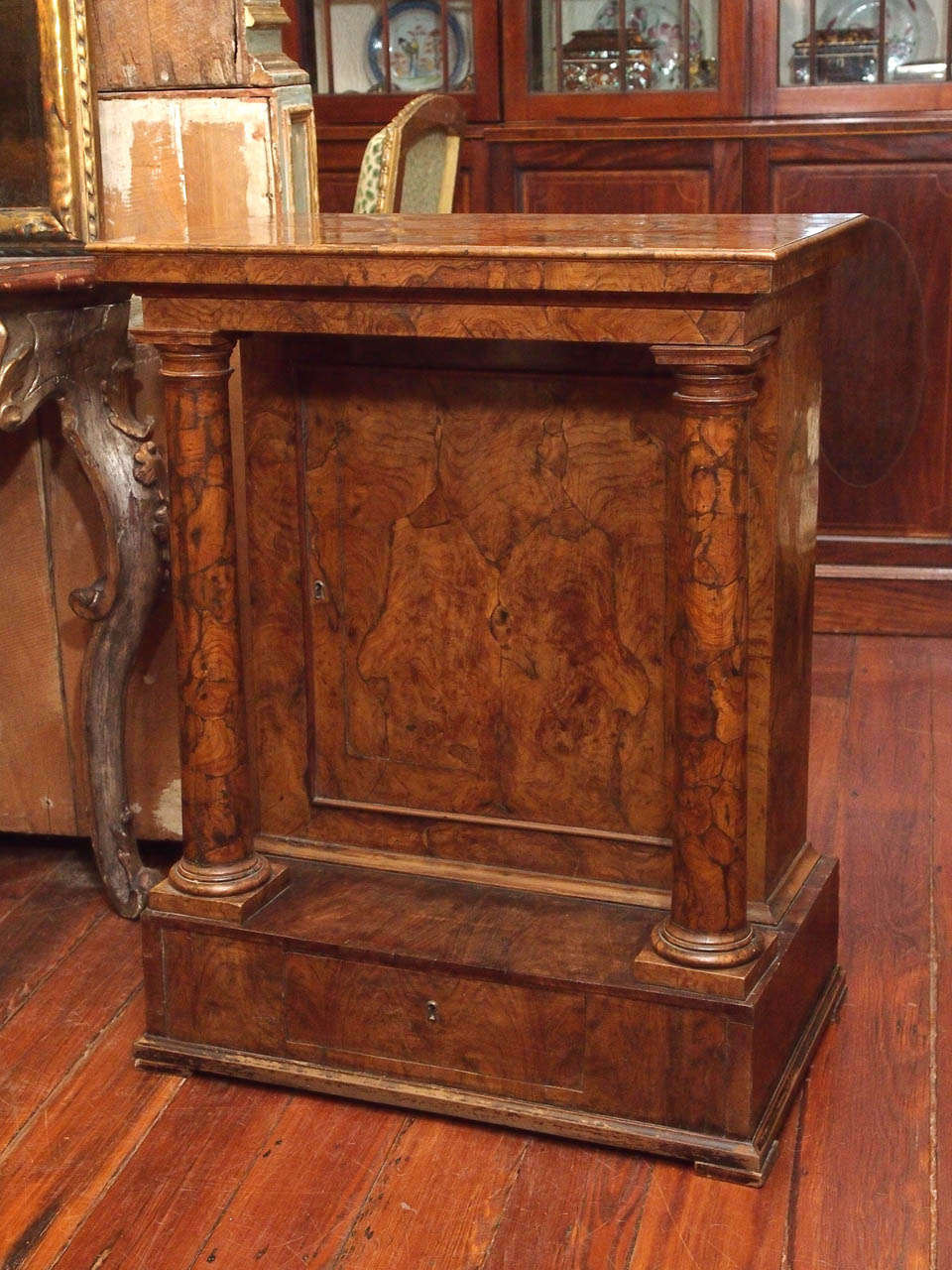 19th century oyster burl Italian.  Two columned cabinets with one drawer.