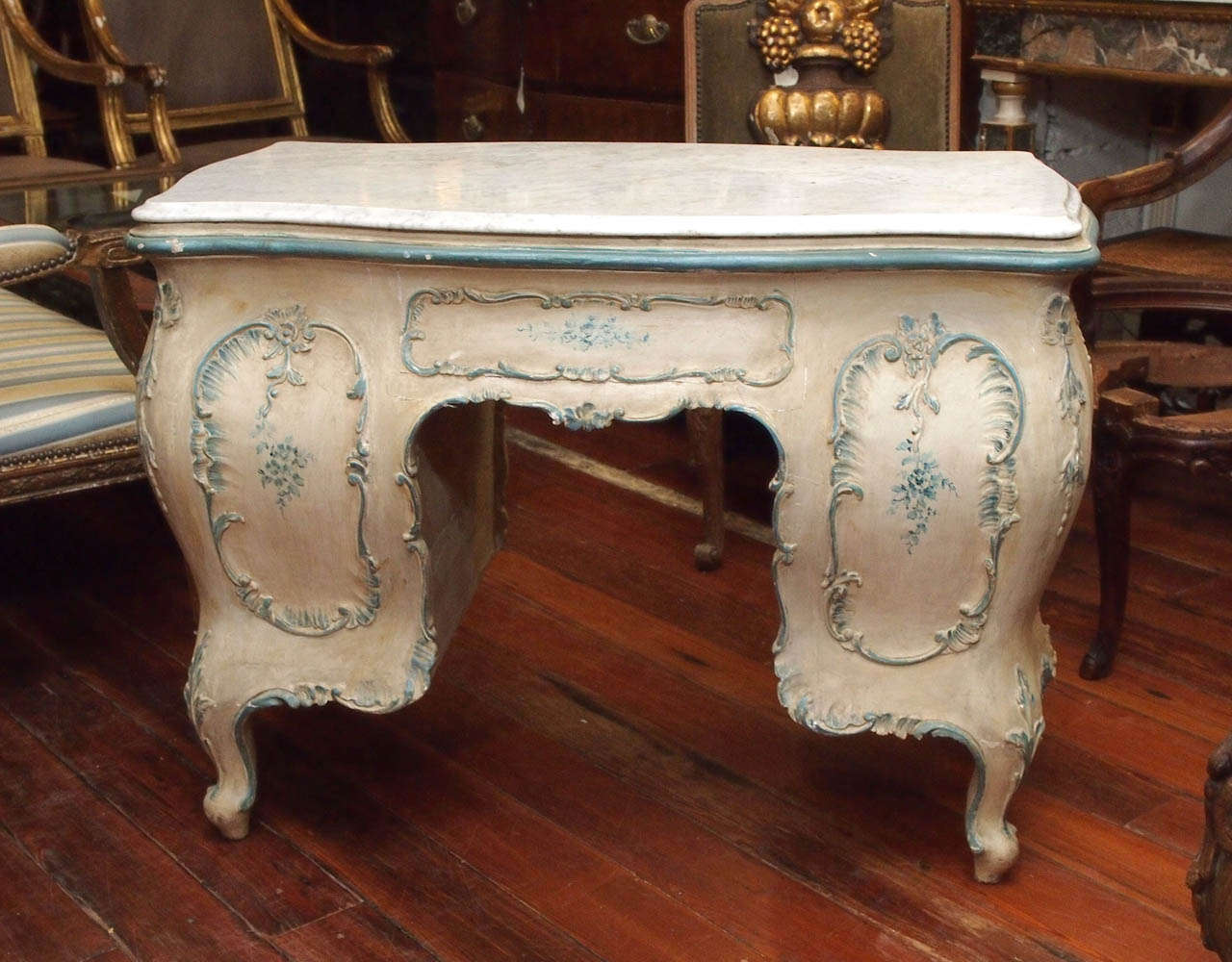 Venetian Ladies Writing Desk Bombe Form with Marble Top