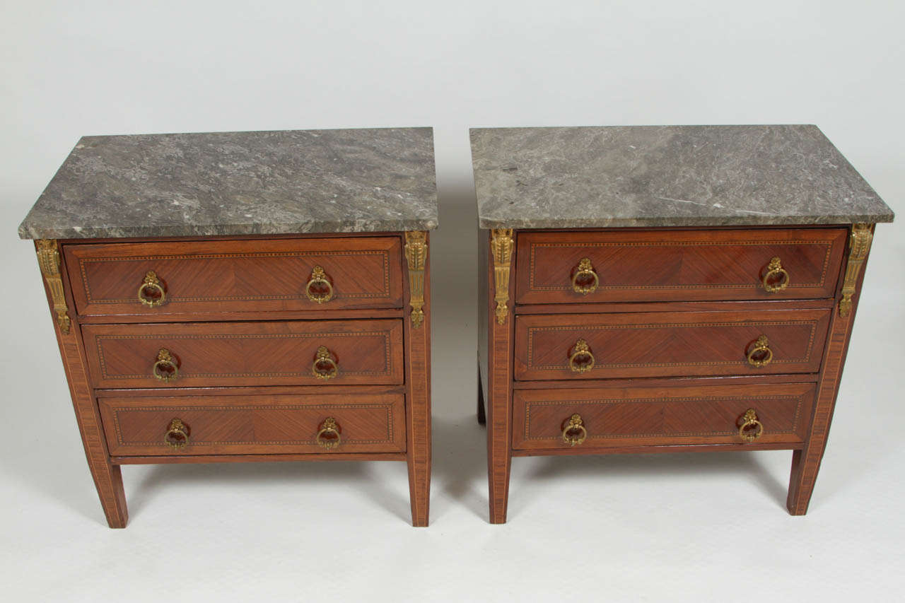 Beautiful pair of Etruscan commodes with geometric neoclassical marquetry, gilt metal accents and honed marble tops.
