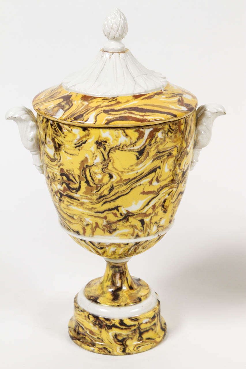Italian Pair of Lidded Terre Melee Urns For Sale