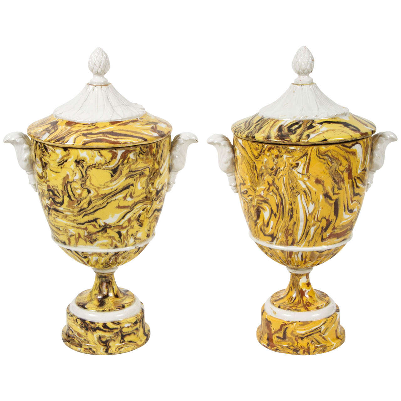 Pair of Lidded Terre Melee Urns For Sale