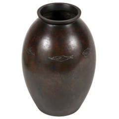 Large Japanese Bronze Vase with Silver Onlay