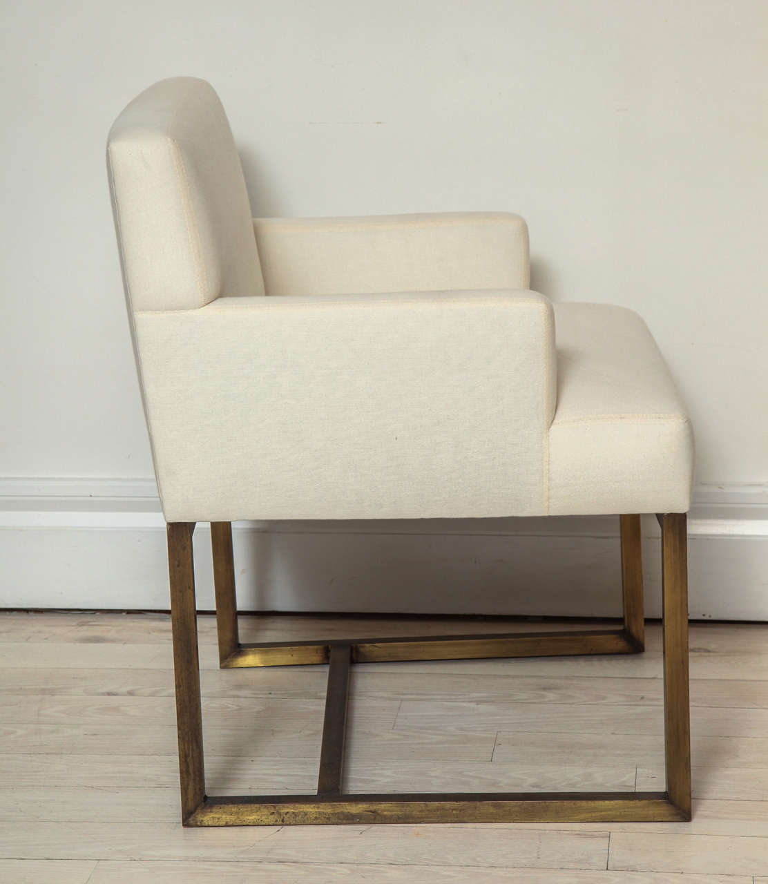 Pair of Modern Upholstered Armchairs on Square Brass Bases, France, circa 1975 In Excellent Condition For Sale In New York, NY