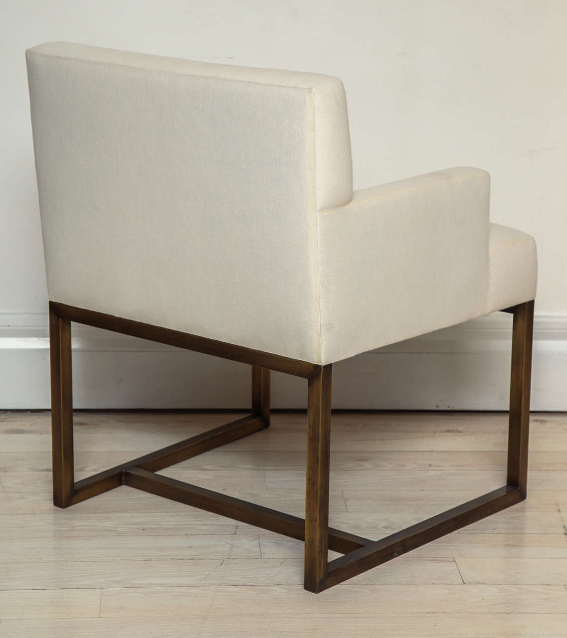 20th Century Pair of Modern Upholstered Armchairs on Square Brass Bases, France, circa 1975 For Sale