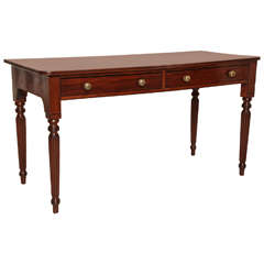 19th Century English Two-Drawer Mahogany Desk with Turned and Fluted Legs