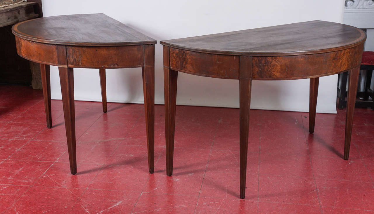 American Classical Pair of Mahogany Demilune Tables